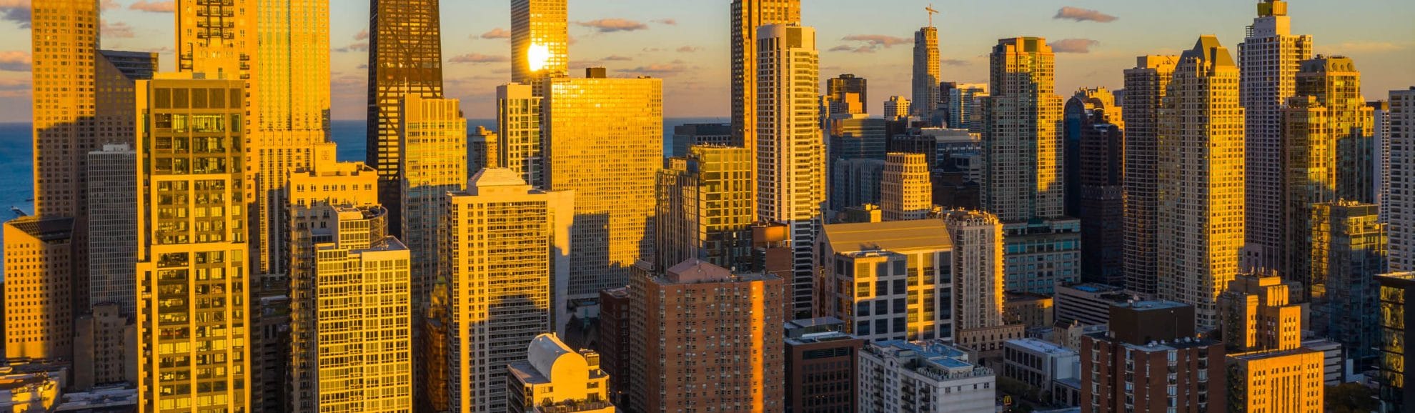 Aerial photograph of the Chicago skyline before sunset